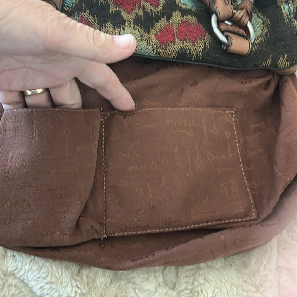 Fossil Multicolor Tapestry Satchel with Brown Leather Trim